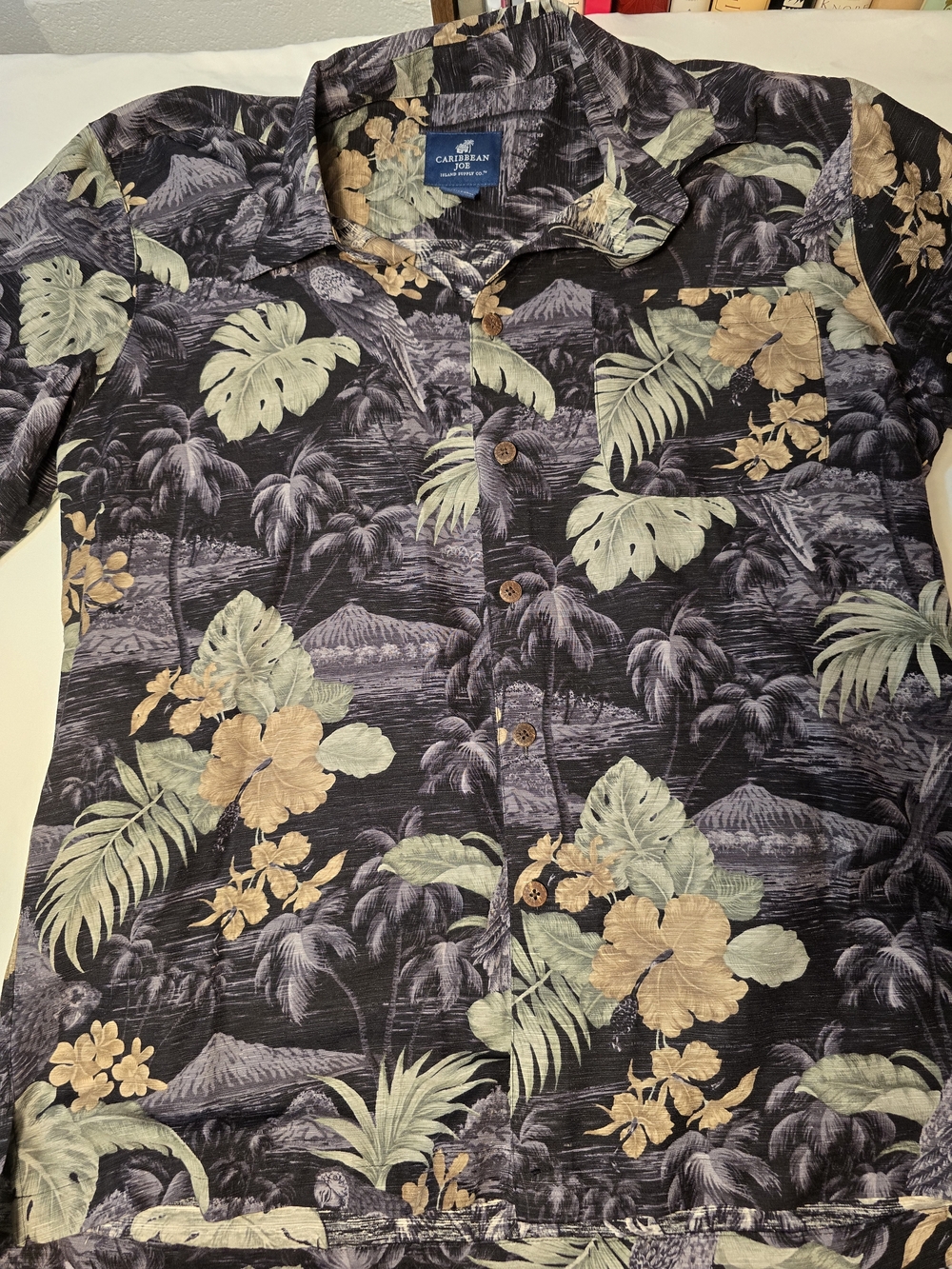 Caribbean Joe Black Tropical Floral Button-Up Shirt